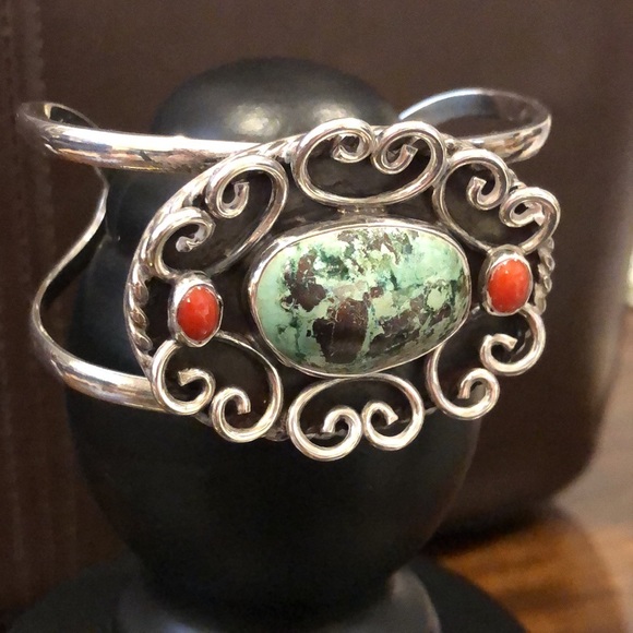 VINTAGE Sterling Silver Turquoise Coral Cuff Bangle Bracelet - Picture 2 of 11